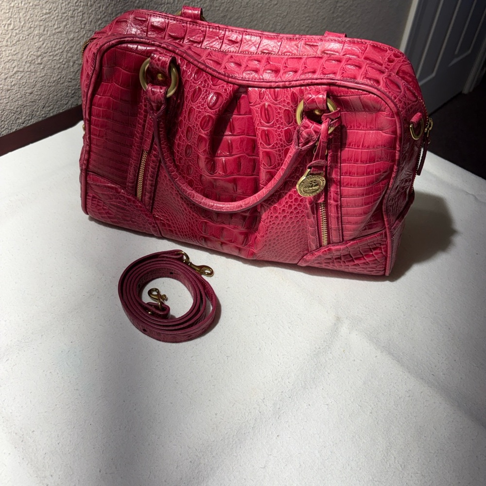 Brahmin Pink Croc-Embossed Satchel with Removable Strap